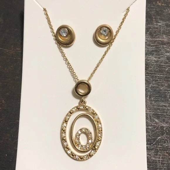 Oval Pendant Necklace & Circle Earring Set Gold Tone - Picture 1 of 7